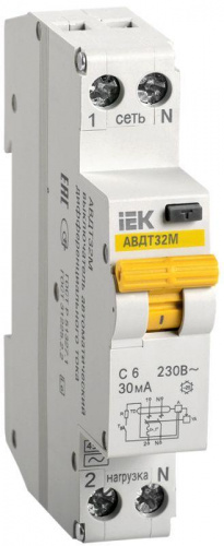 Выключатель автоматический дифференциального тока 1п C 6А 30мА тип A 4.5кА АВДТ-32М ИЭК MAD32-5-006-C-30