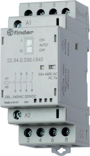 Контактор модульный 2NO + 2NC 25А AgSnO2 230В АС/DC 35мм IP20 опции: мех. индикатор + LED FINDER 223402304620