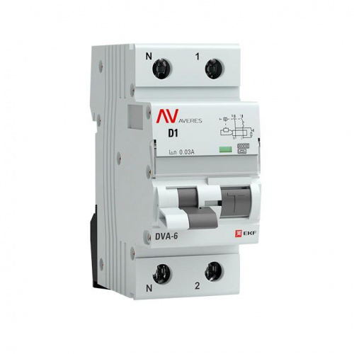 Выключатель автоматический дифференциального тока 1п+N D 1А 30мА тип A DVA-6 6кА AVERES EKF rcbo6-1pn-1D-30-a-av